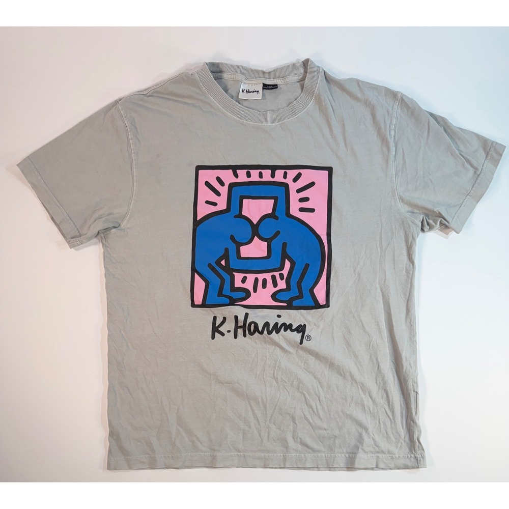Keith Haring Pop Art Graphic T-Shirt Grey Mens Large Blue Pink Figures Tee